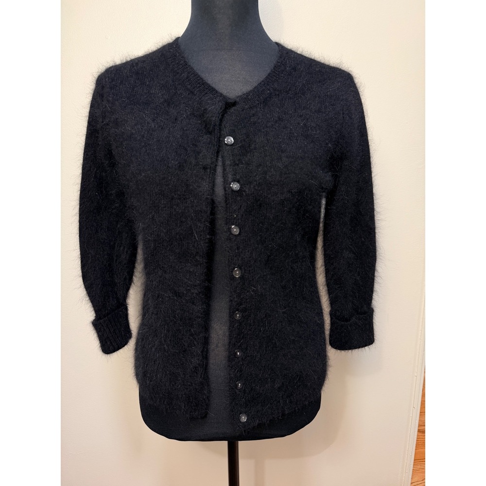 Vintage 90s Apostrophe Cardigan Size M Fuzzy Angora Blend Black 3/4 Sleeve
